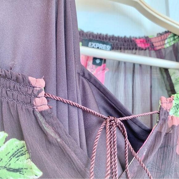 EXPRESS Brown Hibiscus Flower Floral Print Babydoll Chiffon Dress - Picture 8 of 11